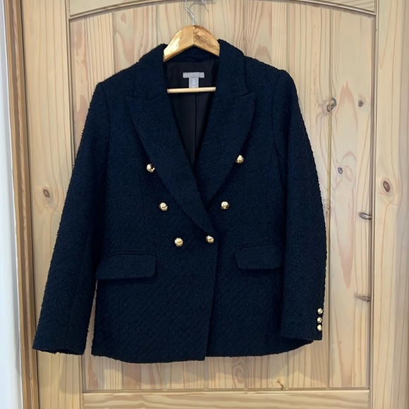 H&M Double Breasted Blazer Textured Woven Fabric Navy Blue LIKE NEW EUC - Picture 2 of 10